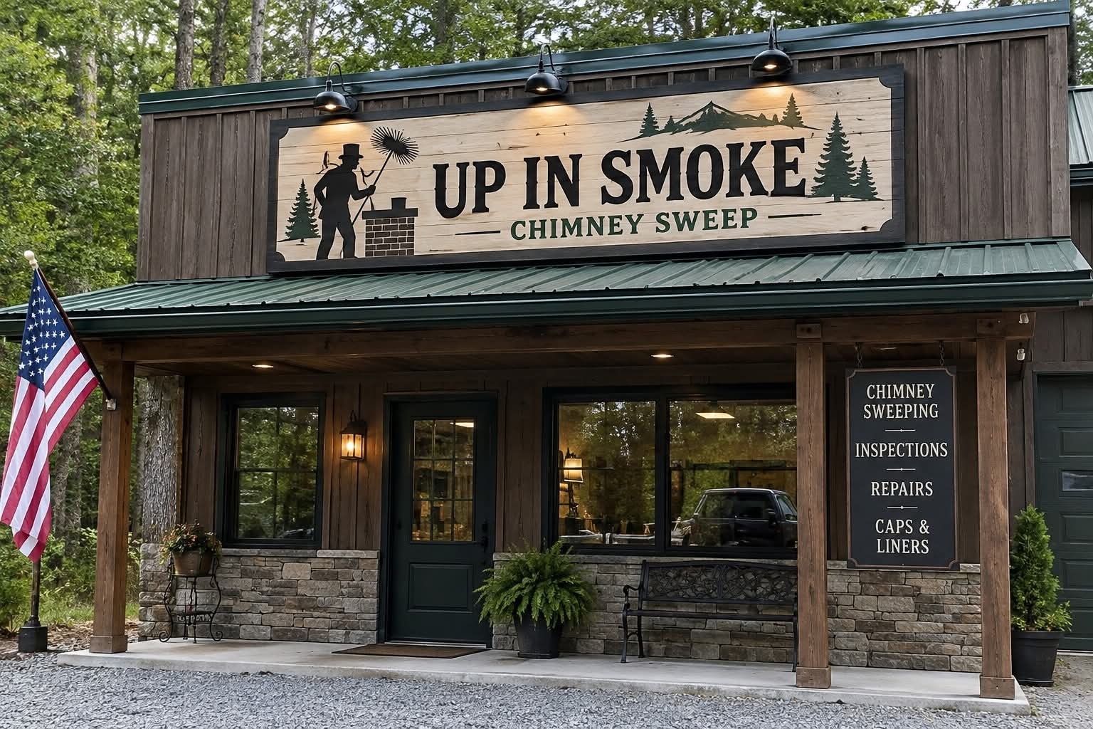 Up In Smoke Chimney Sweep sign on a wood-fronted building