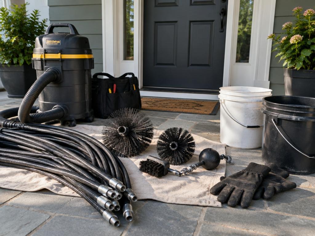 Chimney sweeping brushes, rods, and equipment laid out for a visit