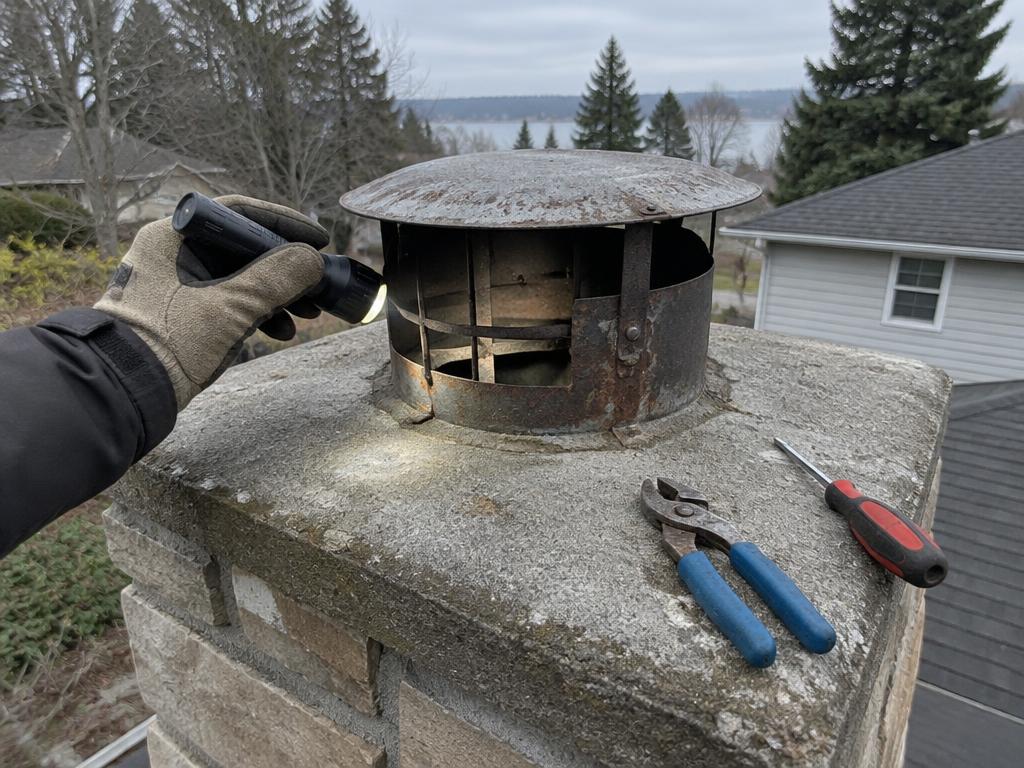 Gloved chimney sweep inspecting a rooftop chimney cap with tools on the crown