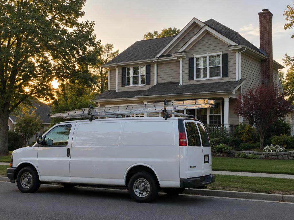 Chimney sweep service van parked at a job site