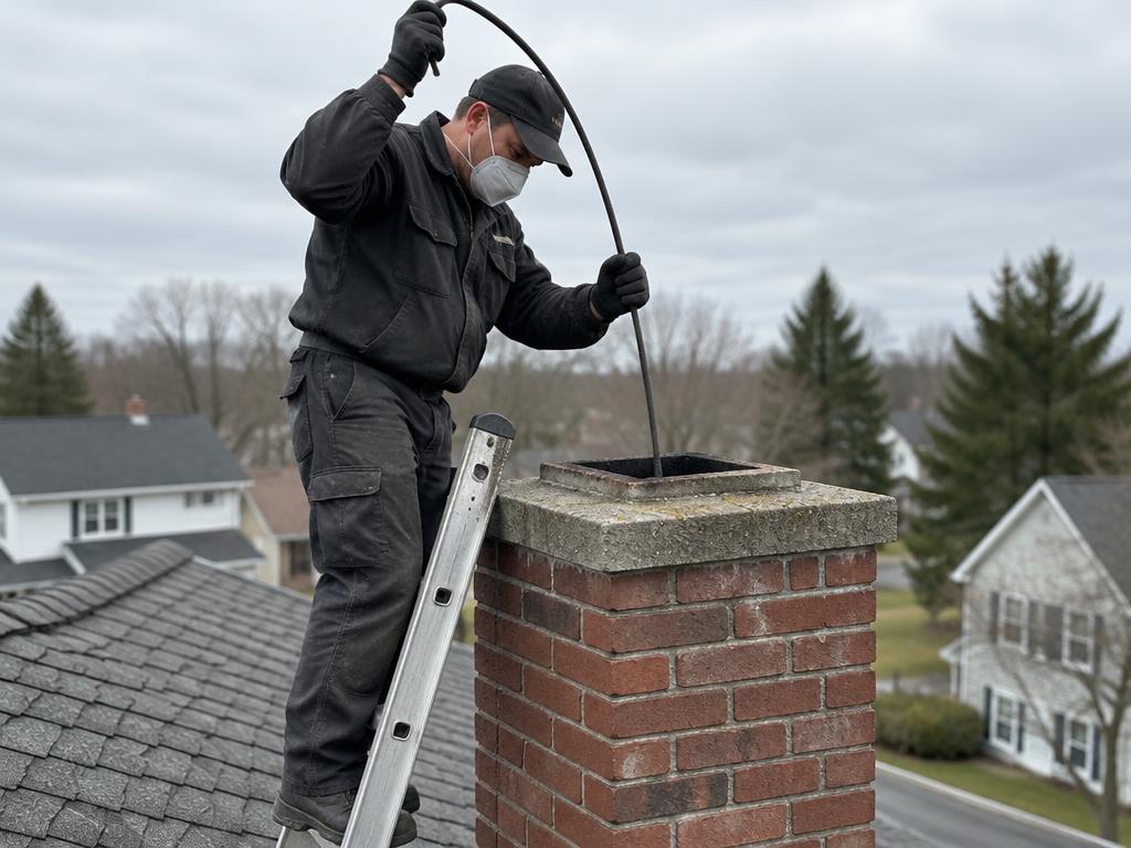 Chimney sweep on a ladder feeding sweep rods into an open flue