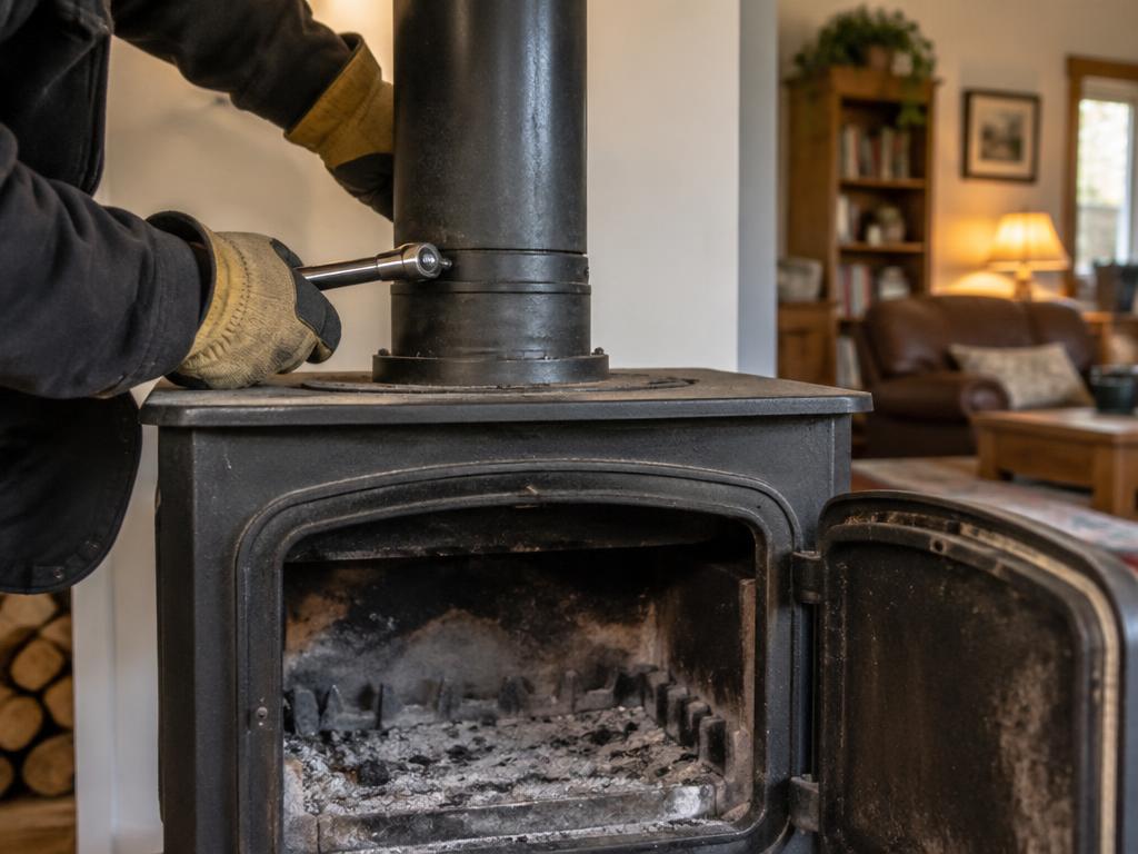 Wood stove with its door open while the flue pipe is removed