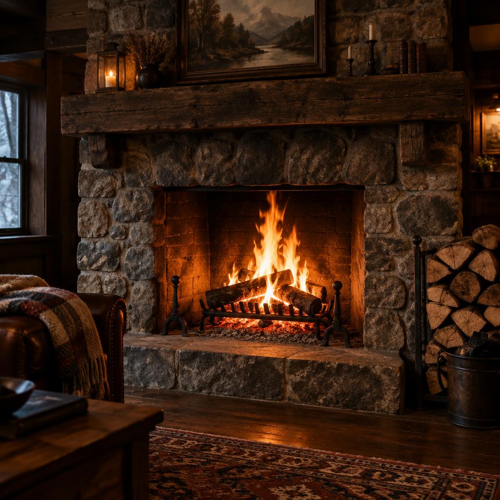 Crackling fire in a stone fireplace